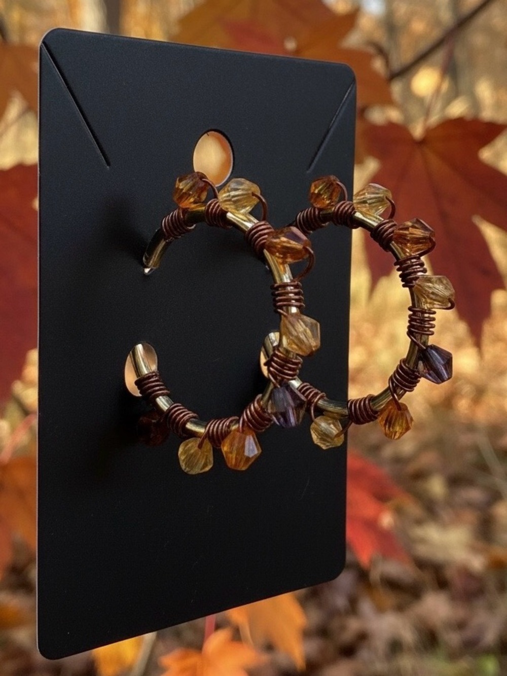 Hand-Wrapped Copper Hoop Earrings with Autumn-Toned Faceted Beads